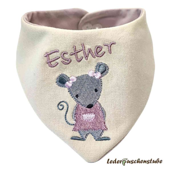 Wende-Halstuch Jersey beige, Mausmädchen (steingrau-schwarz-mauve nude-rosa), Name (mauve nude), Rückseite: Jersey mauve nude, Druckknopf transparent Vorderseite