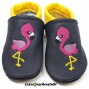 Lederpuschen dunkelblau-gelb mit Stickerei Flamingo