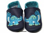 Lederpuschen dunkelblau-türkis mit Stickerei Dinosaurier (türkis-hellgrün-creme Die Krabbel Krabbe