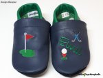 Lederpuschen dunkelblau-ital.grün rechts Golffahne rot, links Namen ital.grün, Ball und Schläger