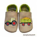 Fertig genähtes Paar Größe 19 Krabbelschuhe Traktor Anhängerladung hellgrün-rot