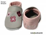 Lederpuschen grau-rosa mit Stickerei Blümchen rosa-bordeaux, bordeaux-altrosa und altrosa-rosa