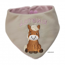 Wende-Halstuch Jersey beige, Pony Ida (braun-creme), Name (rosa), Jersey Streifen rosa-weiß, Druckknopf rosa
