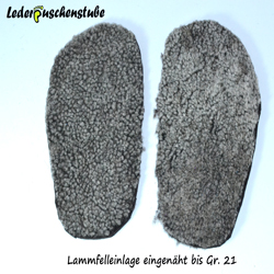 Lammfelleinlage eingenäht für Lederpuschen bis Gr. 21 Lammfelleinlage eingenäht für Lederpuschen bis Gr. 21